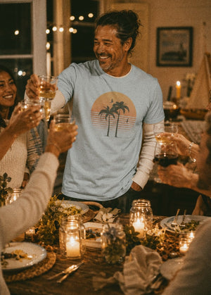 Golden Horizon Palms Tee | Vintage Coastal Sunset Graphic T-Shirt | Ultra-Soft Eco-Friendly Graphic Tee