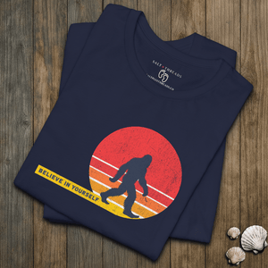 Believe in Yourself Bigfoot Tee | Vintage 70s Sunset Graphic T-Shirt | Ultra-Soft Eco-Friendly Graphic Tee