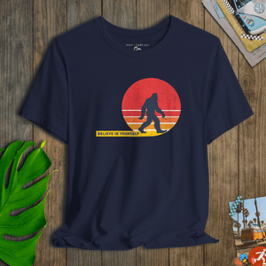 Believe in Yourself Bigfoot Tee | Vintage 70s Sunset Graphic T-Shirt | Ultra-Soft Eco-Friendly Graphic Tee