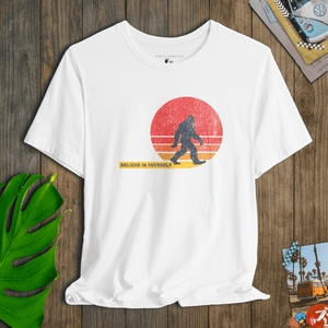 Believe in Yourself Bigfoot Tee | Vintage 70s Sunset Graphic T-Shirt | Ultra-Soft Eco-Friendly Graphic Tee