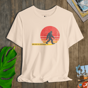 Believe in Yourself Bigfoot Tee | Vintage 70s Sunset Graphic T-Shirt | Ultra-Soft Eco-Friendly Graphic Tee