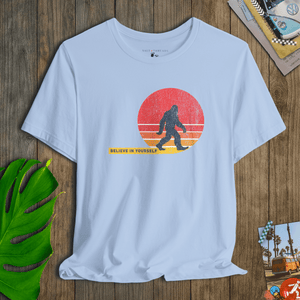 Believe in Yourself Bigfoot Tee | Vintage 70s Sunset Graphic T-Shirt | Ultra-Soft Eco-Friendly Graphic Tee