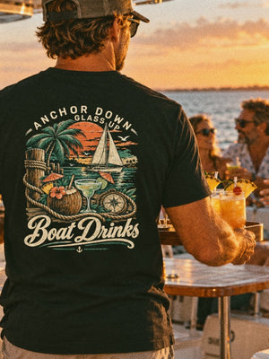Boat Drinks Tee | Vintage Sailing Paradise Graphic T-Shirt | Ultra-Soft Eco-Friendly Graphic Tee