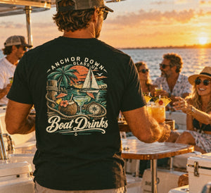 Boat Drinks Tee | Vintage Sailing Paradise Graphic T-Shirt | Ultra-Soft Eco-Friendly Graphic Tee
