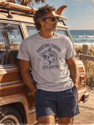 Fighting Tigers Atlantic Shark Tee | Vintage Gym Fish Tee | Ultra-Soft Eco-Friendly Graphic Tee