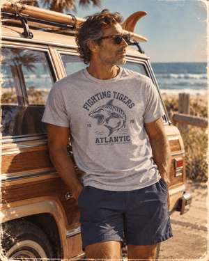 Fighting Tigers Atlantic Shark Tee | Vintage Gym Fish Tee | Ultra-Soft Eco-Friendly Graphic Tee