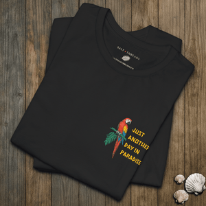 Just Another Day in Paradise | Vintage Tropical Parrot Graphic T-Shirt | Ultra-Soft Eco-Friendly Graphic Tee