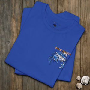 Open Season Blue Crab Tee | Vintage Fishing Graphic T-Shirt | Ultra-Soft Eco-Friendly Graphic Tee
