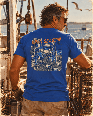 Open Season Blue Crab Tee | Vintage Fishing Graphic T-Shirt | Ultra-Soft Eco-Friendly Graphic Tee