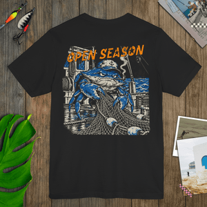 Open Season Blue Crab Tee | Vintage Fishing Graphic T-Shirt | Ultra-Soft Eco-Friendly Graphic Tee