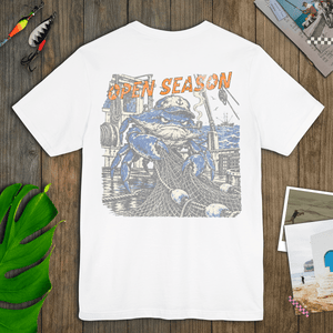 Open Season Blue Crab Tee | Vintage Fishing Graphic T-Shirt | Ultra-Soft Eco-Friendly Graphic Tee