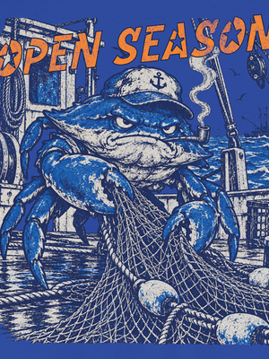 Open Season Blue Crab Tee | Vintage Fishing Graphic T-Shirt | Ultra-Soft Eco-Friendly Graphic Tee
