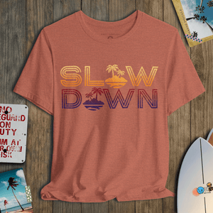 Slow Down Vintage Sunset Tee | Retro Coastal Chill Graphic | Ultra - Soft Eco - Friendly Graphic Tee