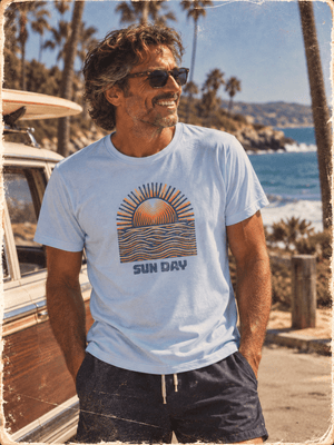 Sun Day Horizon Tee | Vintage Coastal Sunset T-Shirt | Ultra-Soft Eco-Friendly Graphic Tee