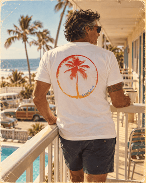 Sunset Stamp Tee | Retro Stay Salty Palm Graphic T-Shirt | Ultra-Soft Eco-Friendly Graphic Tee