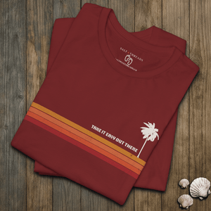 Take It Easy Out There Palm Tee | Retro 70s Sunset Graphic T-Shirt | Ultra-Soft Eco-Friendly Graphic Tee
